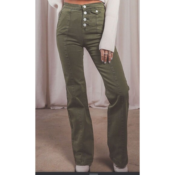 BLANK NYC Pants - BLANK NYC The Delancey Denim Wide Leg Pants Going Green Size 29 70s Bohemian
